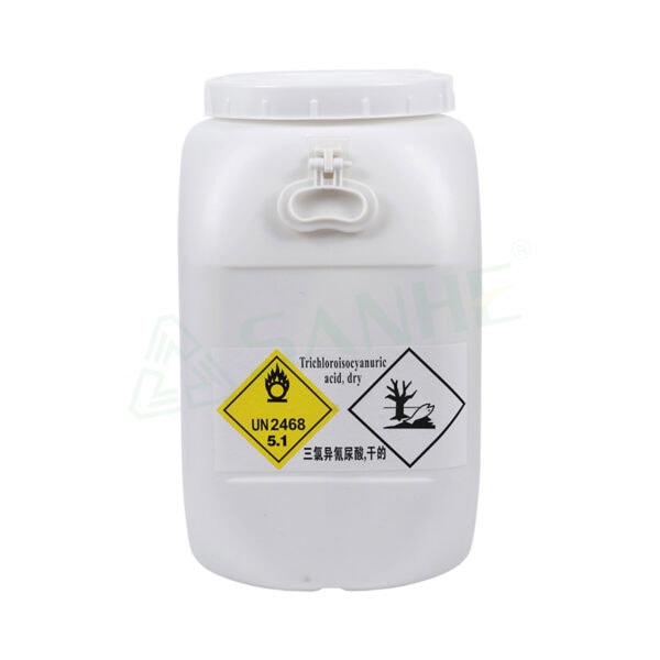 White plastic container for vacuum pump oil with hazard labels for chemical safety and dryness.